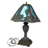 Blue Slag Glass Lamp with Cast Metal Base