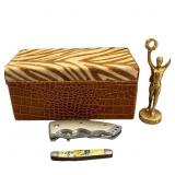 Collectible Lot With Box, Knives, and Figurine