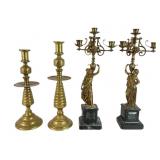 Two Pairs of Brass & Gilt Metal Candlesticks