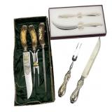 Three Carving Knife Sets, Sterling & Stag