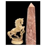 Pink Marble Obelisk & Carved Stone Horse
