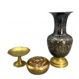Early Brass Decorative Vase, Enameled Box