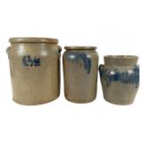 3 Blue Decorated Stoneware Crocks