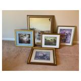 Gold Framed Mirror and Four Framed Prints Gold Framed Mirror and Four Framed Prints