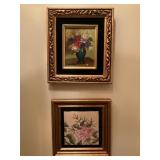 Pair Framed Oil Painting and Needlework Pair Framed Oil Painting and Needlework