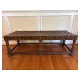 Vintage Oak and Leather Bench, Six Legs Vintage Oak and Leather Bench, Six Legs