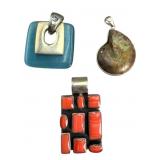 Sterling Spiny Oyster, Ammonite & Glass Pendants
