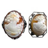 1 Sterling & 1 Metal Wrapped Cameo Brooches