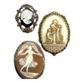 3 Vintage Dual Cameo Brooches