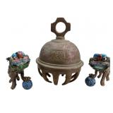 Antique Asian Bronze Bell and Foo Dogs
