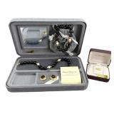 10K Pin, 14K Gold Onyx and Pearl Set