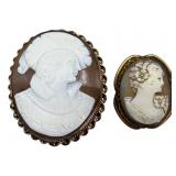 2 Vintage Cameo Brooches, 1 Has 10k Gold Accent