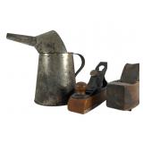 Antique Tin Pour Can and Two Woodworking Planes