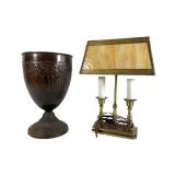 Metal Urn and Lamp Slag Glass Shade