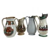 4 Ceramic Pitchers with Painted Designs