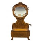 Antique Oak Hall Seat with Beveled Mirror
