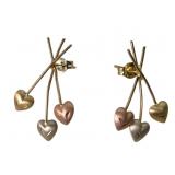 14k Triple Tone Heart Hang Earrings
