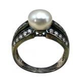 Diamonique 925 Pearl & CZ Ring, Size 9