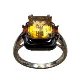 925 Silver Citrine and Onyx Ring, Size 9