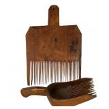 Primitive Wooden Wool Comb & Berry Scoop