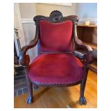 Antique Carved Mahogany Armchair with Red Velvet