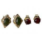 2 Jade and Red Stone Stud Earrings Set