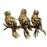 14K Gold Bird Brooch Emerald Style Stones