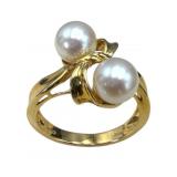 14k Gold Pearl Bypass Ring, Size 9