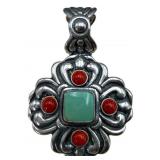 925 Coral and Turquoise Pendant, Signed