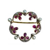 18k, Platinum, Ruby, Diamond & Pearl Brooch