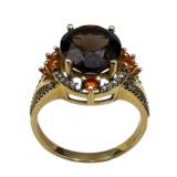 14k Smoky Quartz, Fire Opal, Diamond Ring