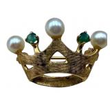 14k Gold Crown Brooch, Pearls & Emeralds