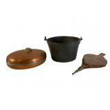 Copper Bed Warmer, Bellows, and Iron Bucket