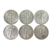 Six Silver Standing Liberty Half Dollars