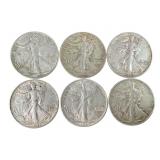 Six Walking Liberty Half Dollars, 1940s