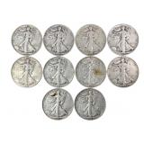 10 Silver Walking Liberty Half Dollars