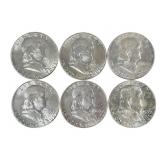 Six 1963 Franklin Silver Half Dollars