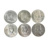 Six Franklin Half Dollars, 1963, Circulated