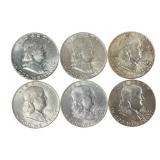 Six 1963 Silver Franklin Half Dollars