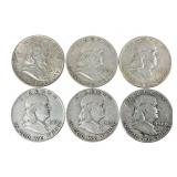 Six 1949 Silver Franklin Half Dollars