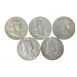 Five 1954 Silver Franklin Half Dollars