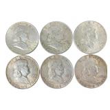 Six 1949 Silver Franklin Half Dollars