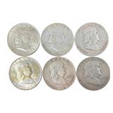 6 Silver Franklin Half Dollars, 1948-1950