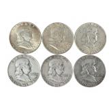 Six Silver Franklin Half Dollars (1952-1953D)