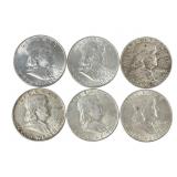 Six Silver 1950 Franklin Half Dollars