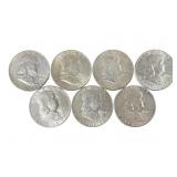 Seven Silver Franklin Half Dollars, 1960-1961