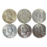Six 1962 Franklin Silver Half Dollars