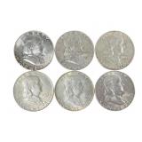 Six Silver Franklin Half Dollars, 1962