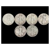 6 Silver Standing Liberty Half Dollars