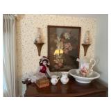 Wash Bowl Set, Doll, Print, and Wall Sconces